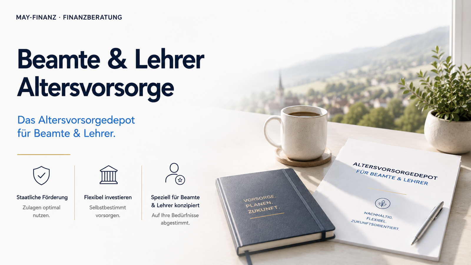 Heller Schreibtisch am Fenster mit Notizbuch und Unterlagen, Blick ins Grüne