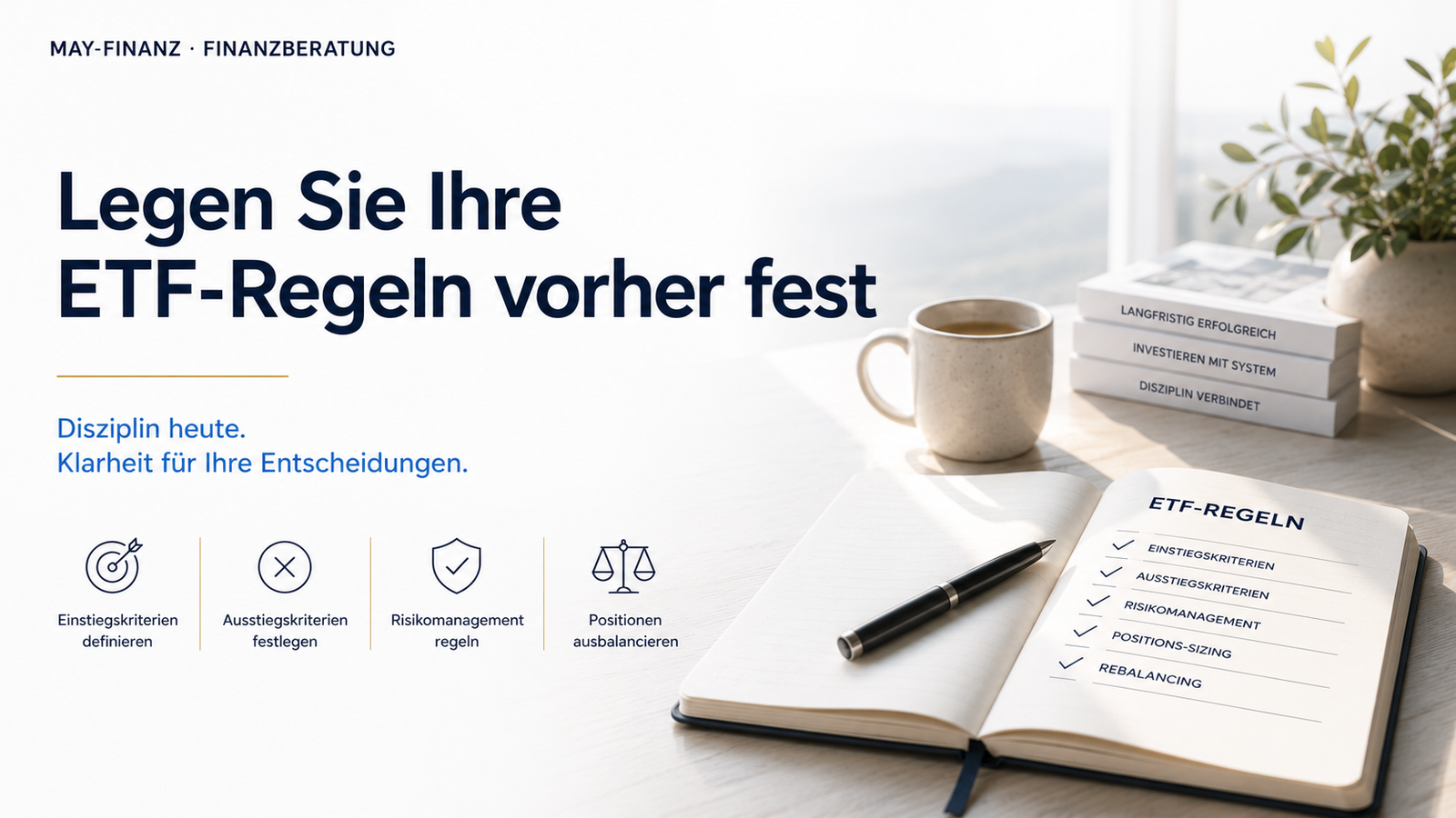 Aufgeräumter Schreibtisch mit aufgeschlagenem Notizbuch und Füller